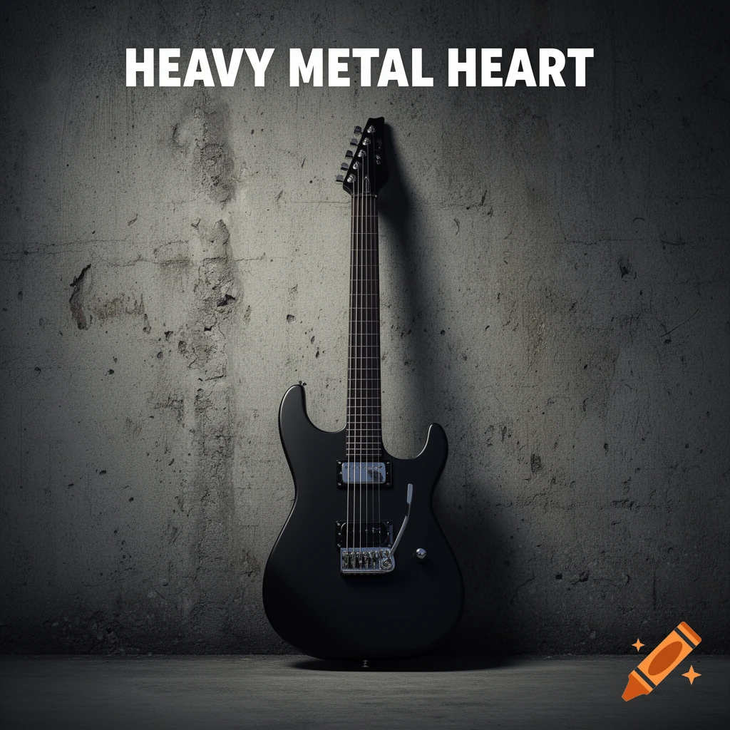 A black electric guitar leans against a grunge concrete wall. White text above reads "HEAVY METAL HEART".