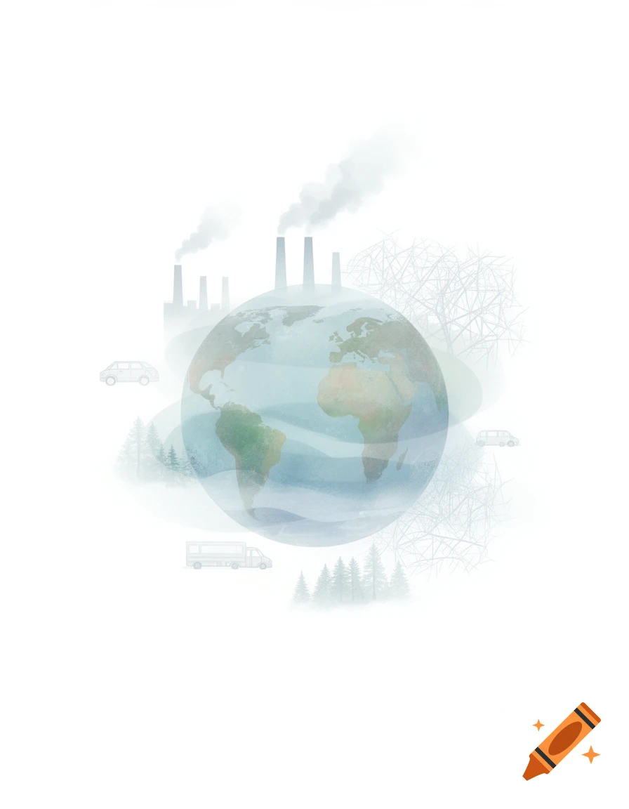A minimalist illustration of Earth surrounded by factories emitting smoke, vehicles, and bare trees, symbolizing climate change drivers.