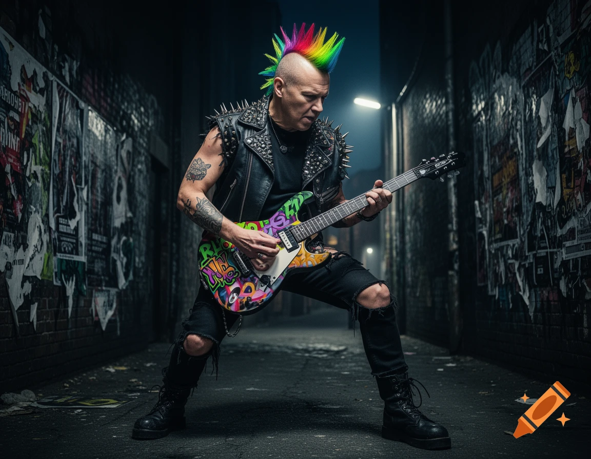A vibrant punk rocker with a rainbow mohawk and studded vest plays a graffiti-covered electric guitar in a dark alley at night. Photorealistic style.