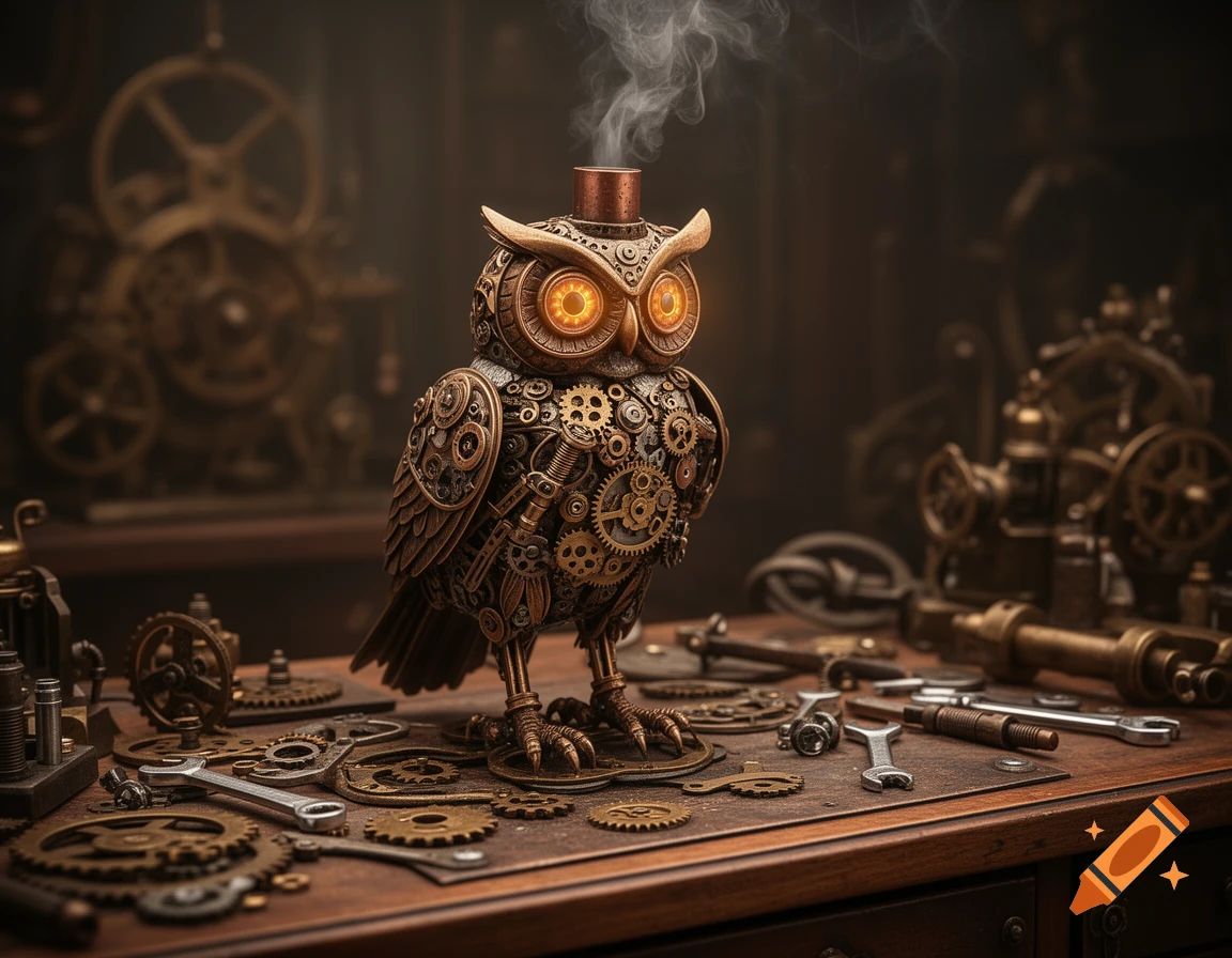 A detailed steampunk mechanical owl with glowing eyes and a top hat, made of gears and metal, on a workbench with various tools.