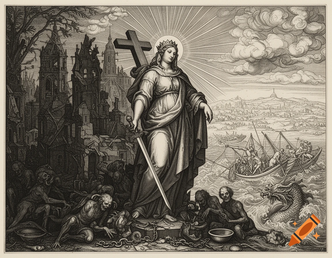 Engraving of a crowned saintly woman with a sword and cross, standing over skeletal figures and chains, with a ruined city and stormy sea with a monster.