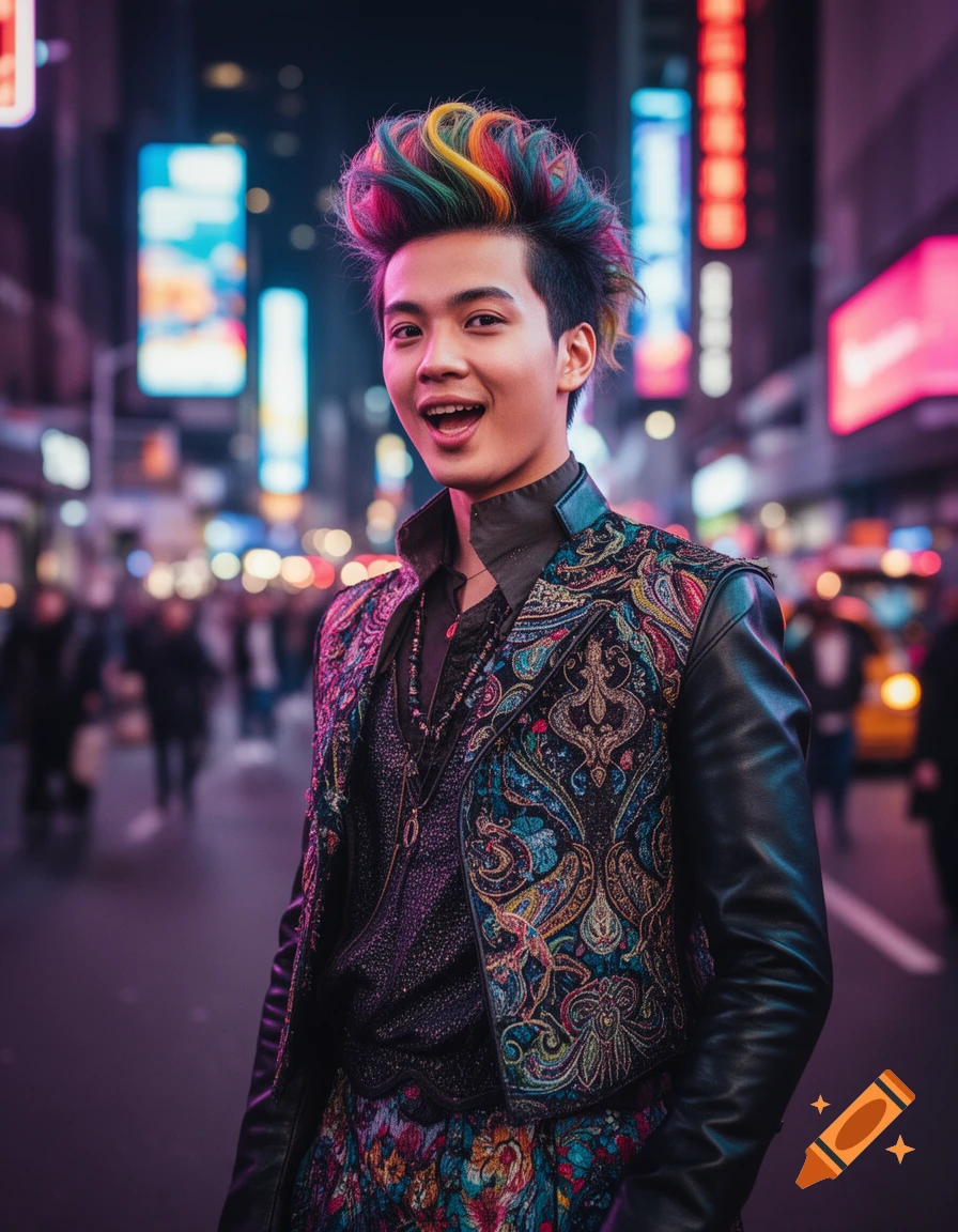 A smiling young man with vibrant rainbow-colored hair, wearing a patterned jacket and leather sleeves, stands on a neon-lit city street at night.