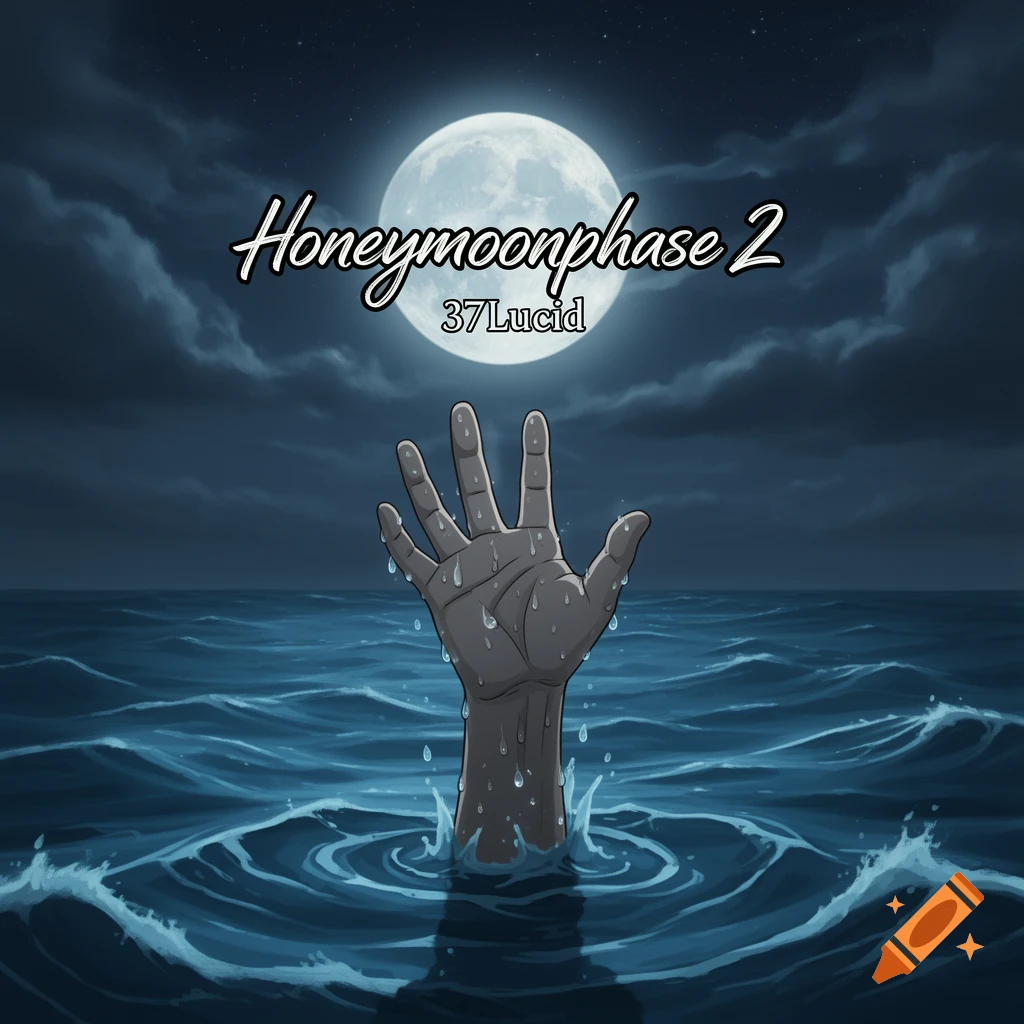 A stylized hand reaches out of dark, choppy ocean waves under a bright full moon at night, with 'Honeymoonphase 2' and '37Lucid' text, in an anime art style.
