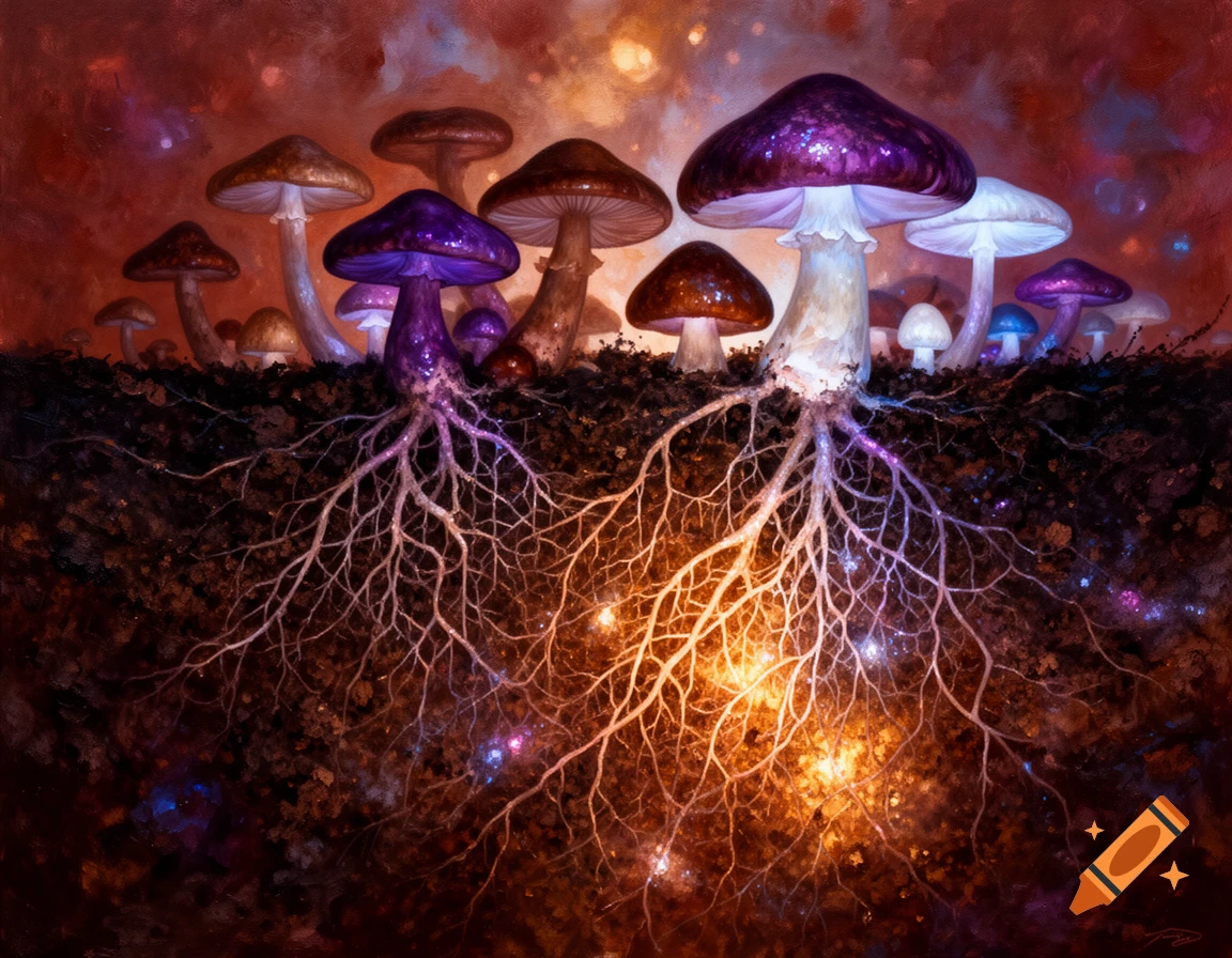 Detailed artistic depiction of colorful mushrooms and glowing mycelial roots growing in a soil cross-section.