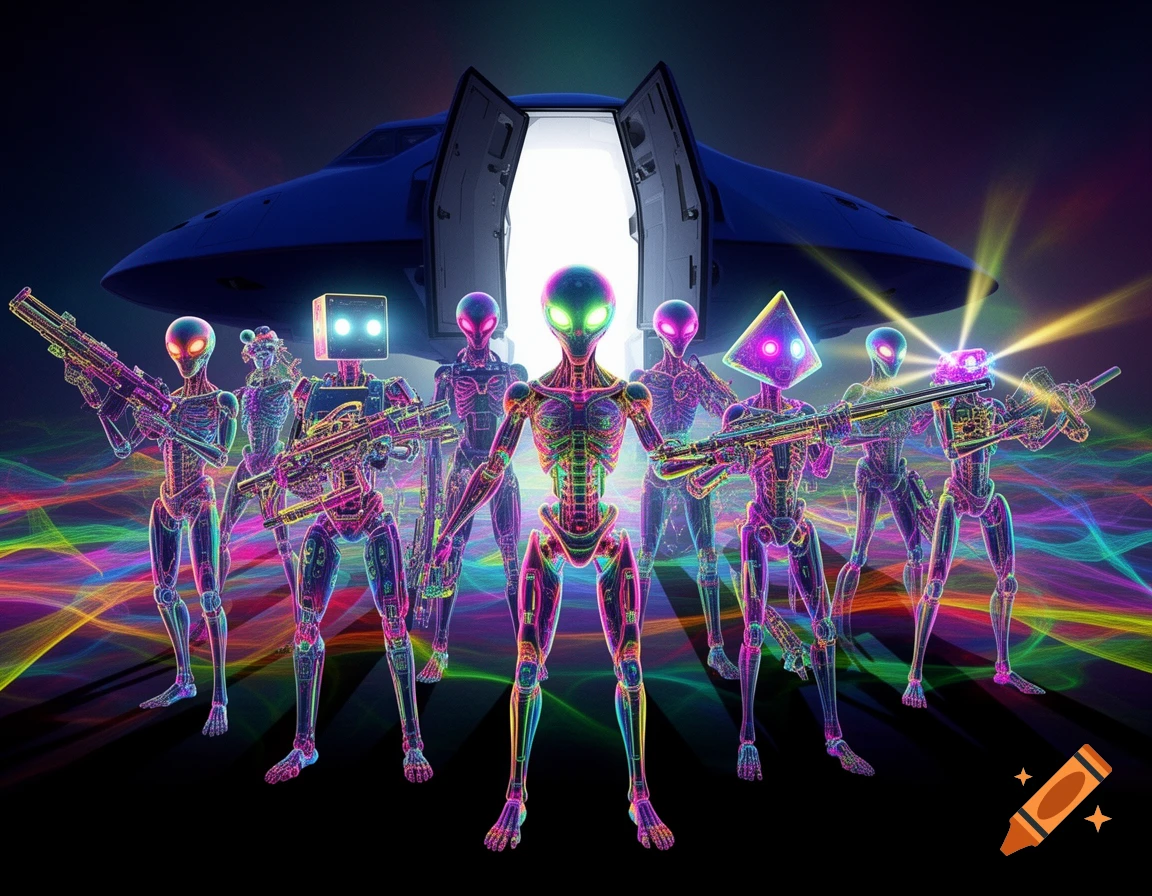 Neon psychedelic alien-robots with weapons emerge from an open spaceship, surrounded by vibrant light trails.