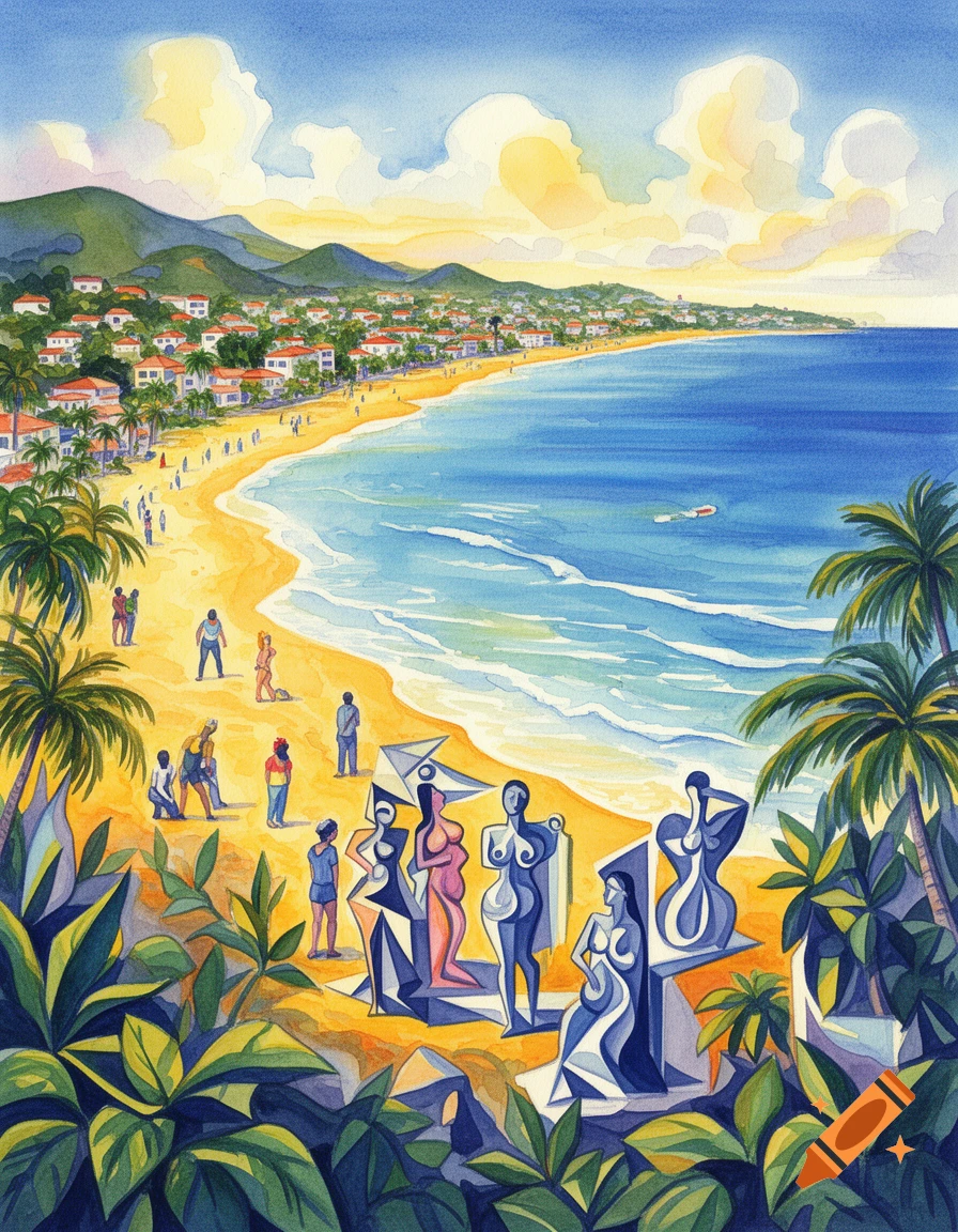 Vibrant watercolor painting of a bustling beach town with a long coastline, featuring stylized figures in the foreground.