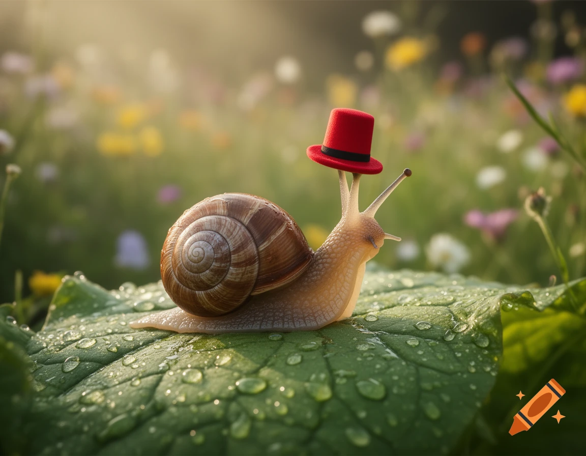 A photorealistic close-up of a snail wearing a tiny red top hat on a dewy green leaf in a sunny garden.