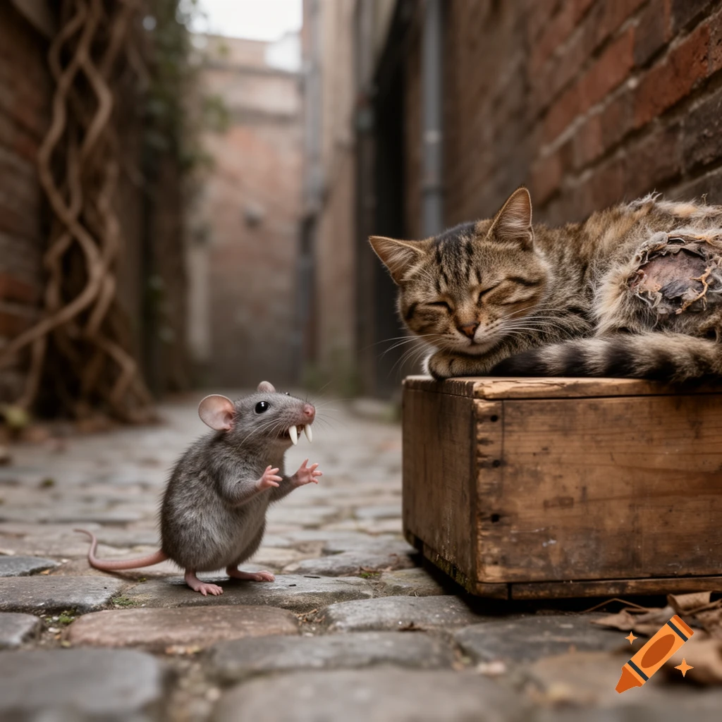 A small, white-fanged mouse stands gesturing at a sleeping, tattered tabby cat on a wooden crate in a photorealistic alleyway.