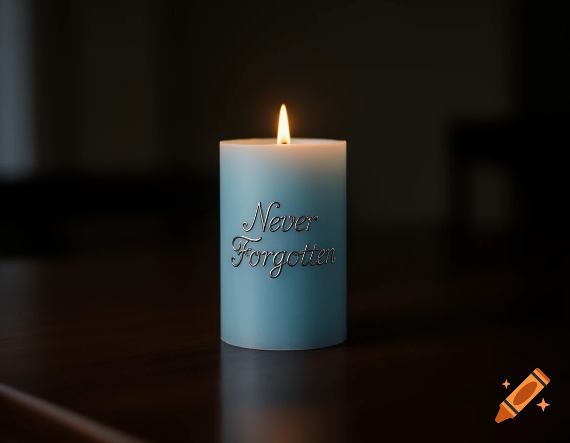 Photorealistic image of a lit pale blue candle with "Never Forgotten" in silver, on a dark wooden table.