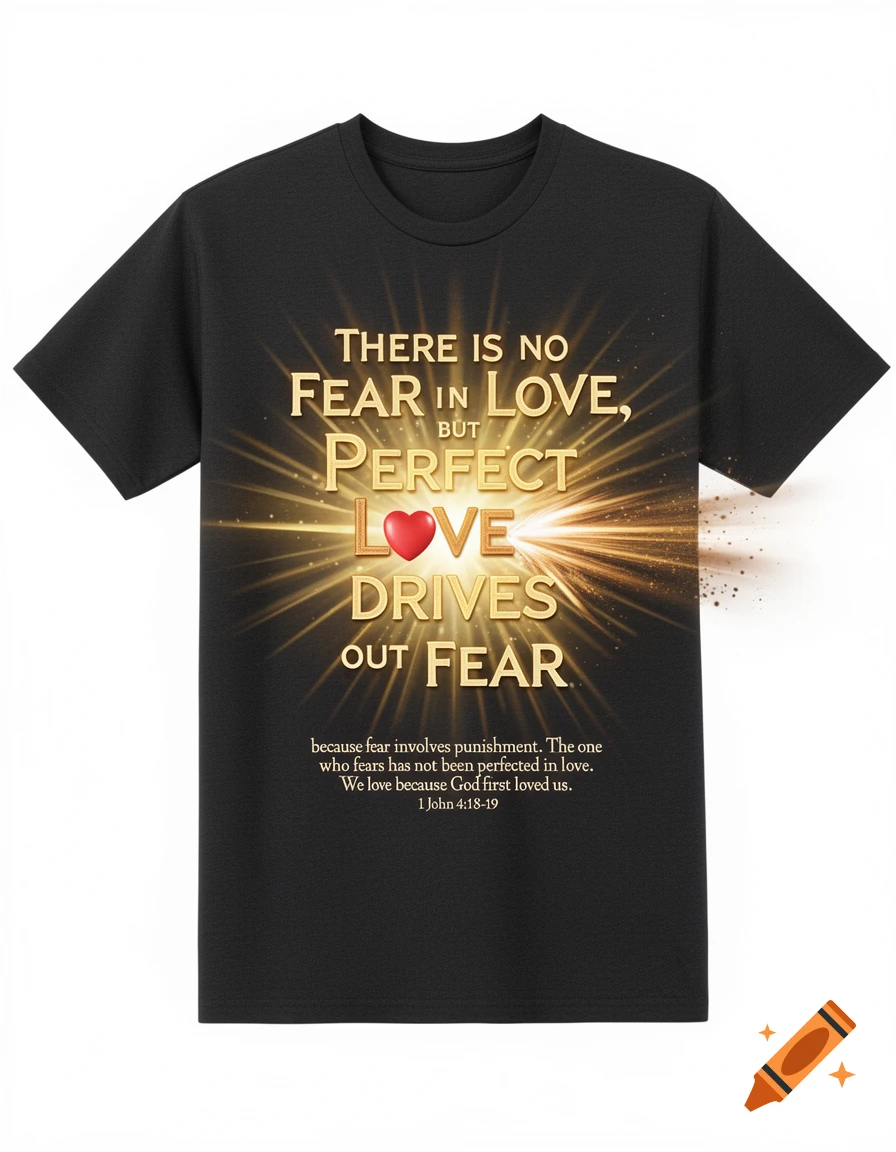 A black t-shirt featuring golden text and a red heart, with the quote "Perfect love drives out fear" and a Bible verse.