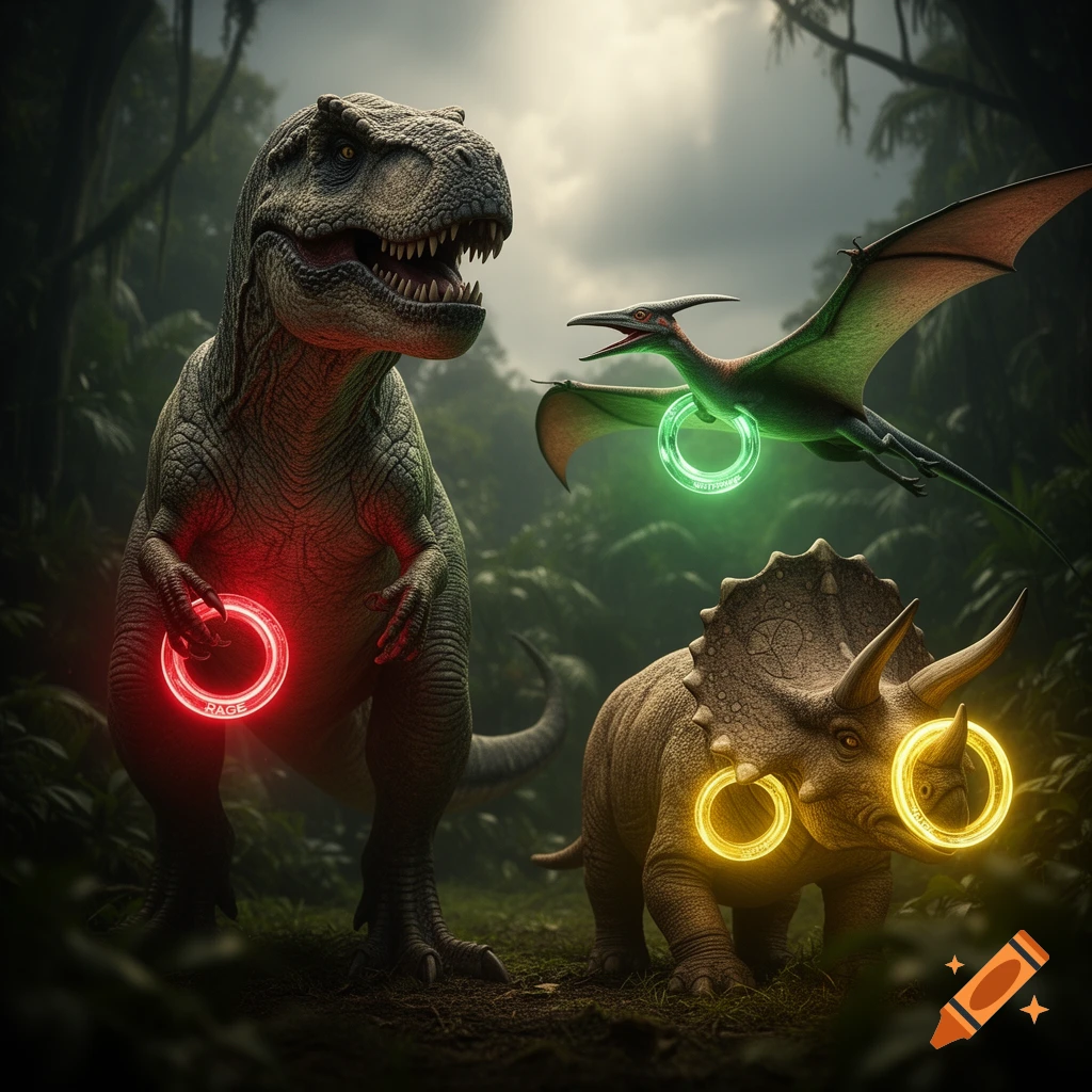 A T-Rex with a red glowing ring, a Pterodactyl with a green ring, and a Triceratops with yellow rings in a dense jungle.