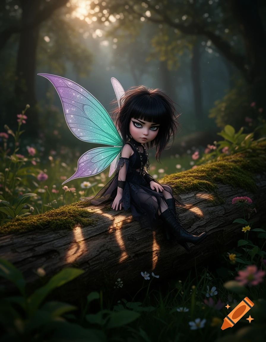 A dark-haired fairy with an emo expression and glittery teal and purple wings sits on a mossy log in a sunlit forest.