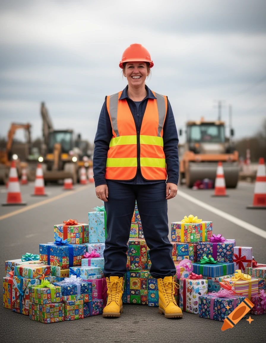 Smiling woman in a construction vest and hard hat stands before a pile of colorful birthday presents on a road with construction vehicles. Photorealistic.