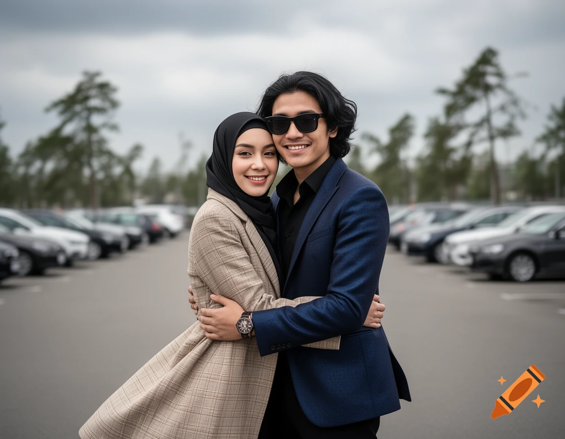 A stylish young couple, a woman in a hijab and a man in a blazer, hug in a parking lot, smiling at the camera.
