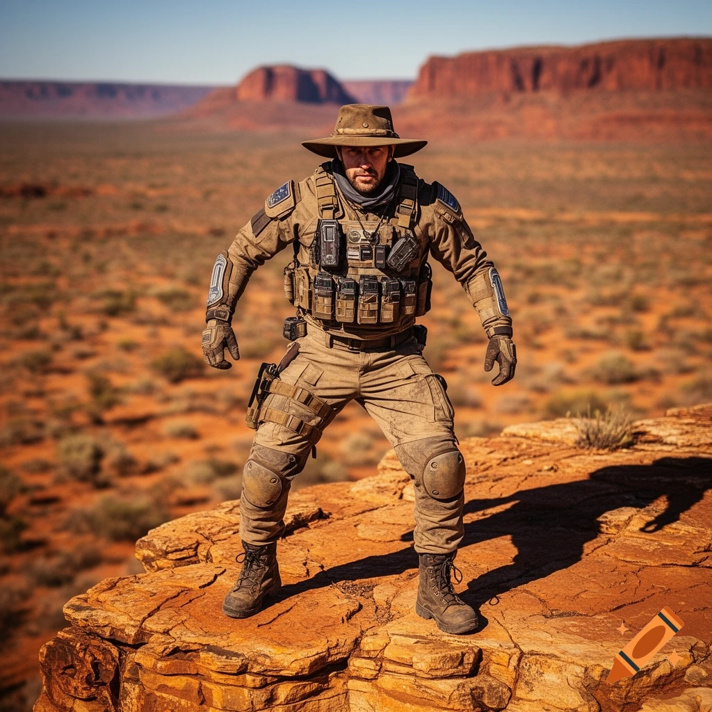 A man in tactical gear and a wide-brimmed hat stands on a rocky outcrop in a vast, arid desert landscape.