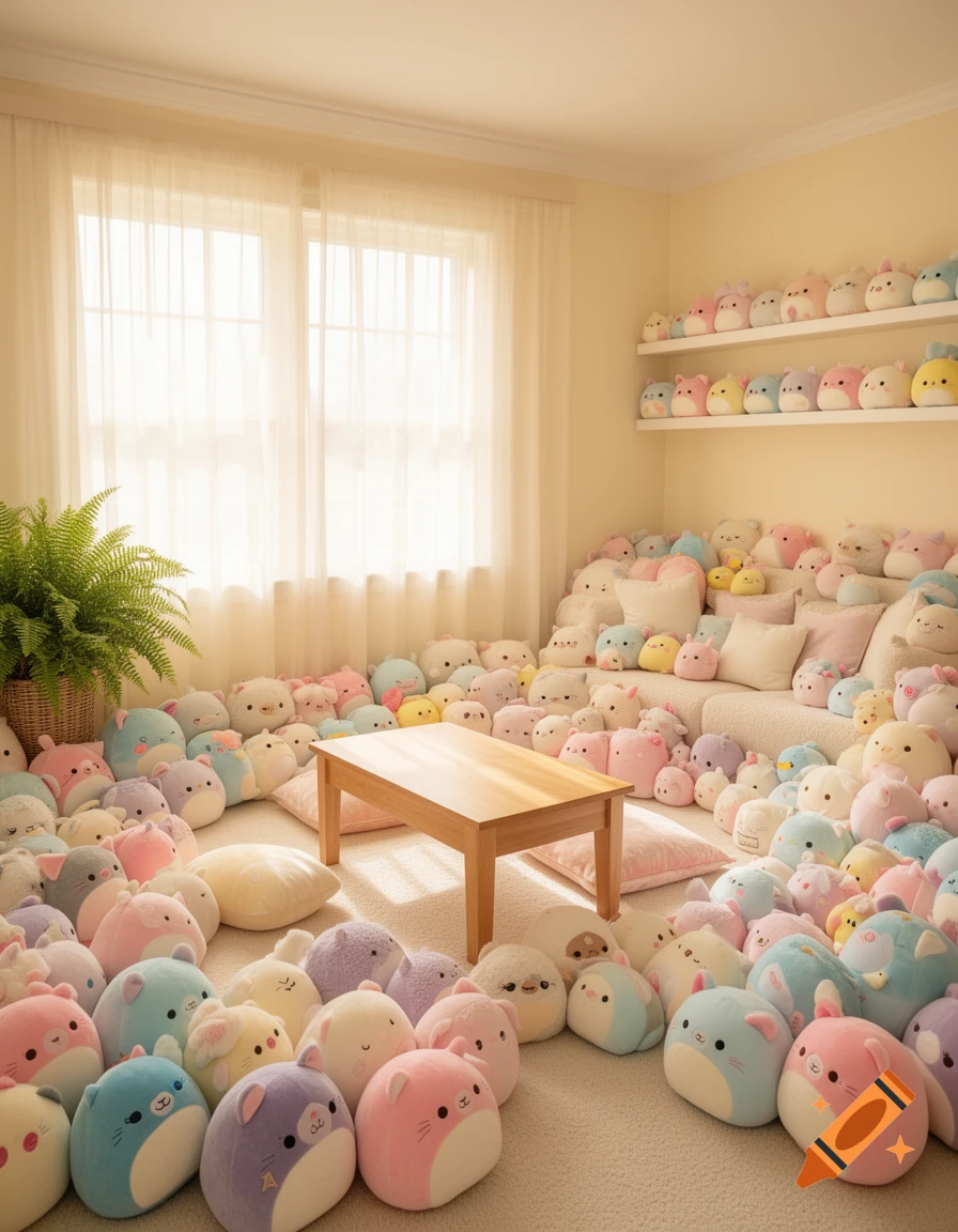 A cozy room full of pastel-colored squishy plush toys, covering the floor, sofa, and shelves, next to a window and wooden table.
