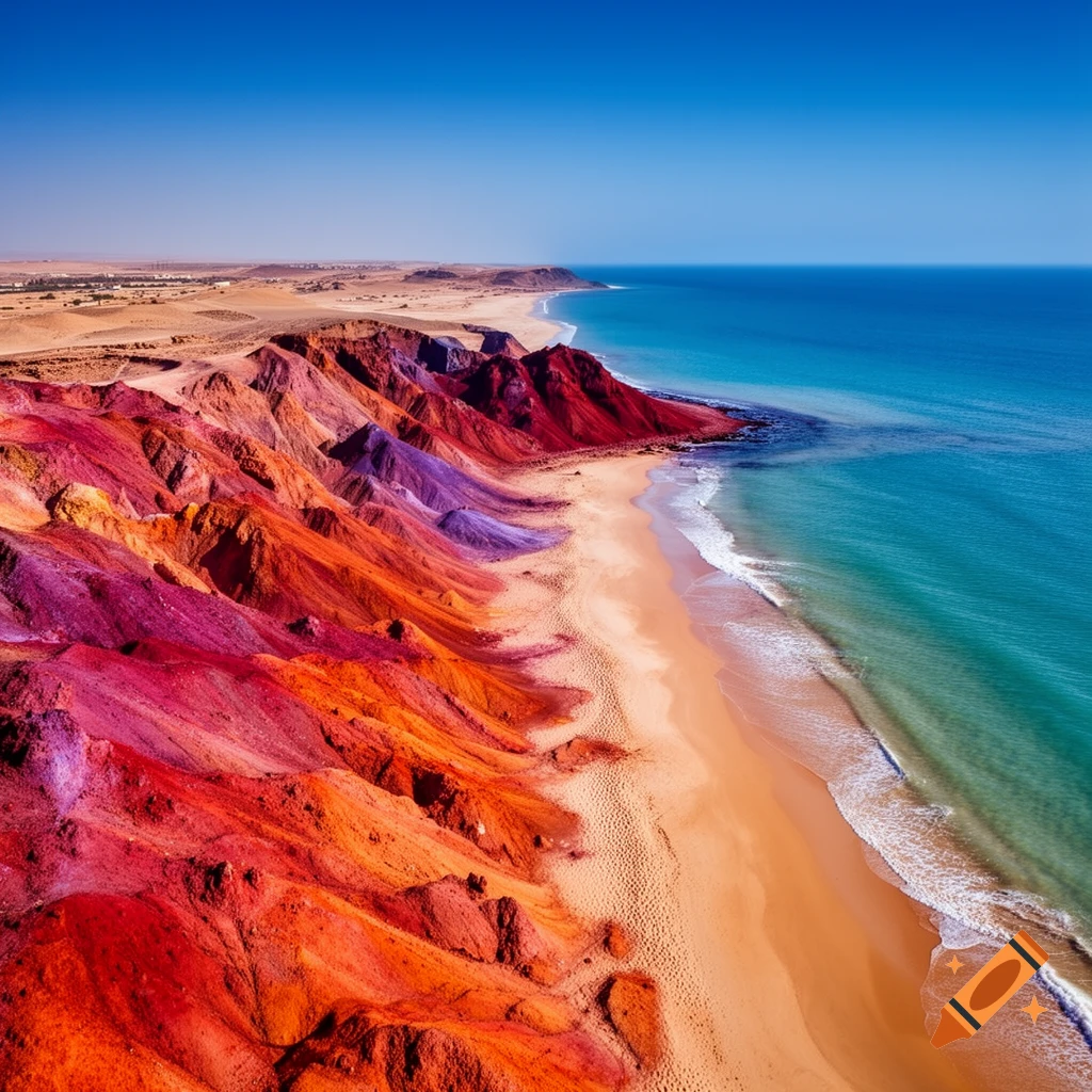 Aerial view of a vibrant coastal landscape with colorful red, orange, and purple mountains meeting a sandy beach and turquoise ocean under a clear blue sky.