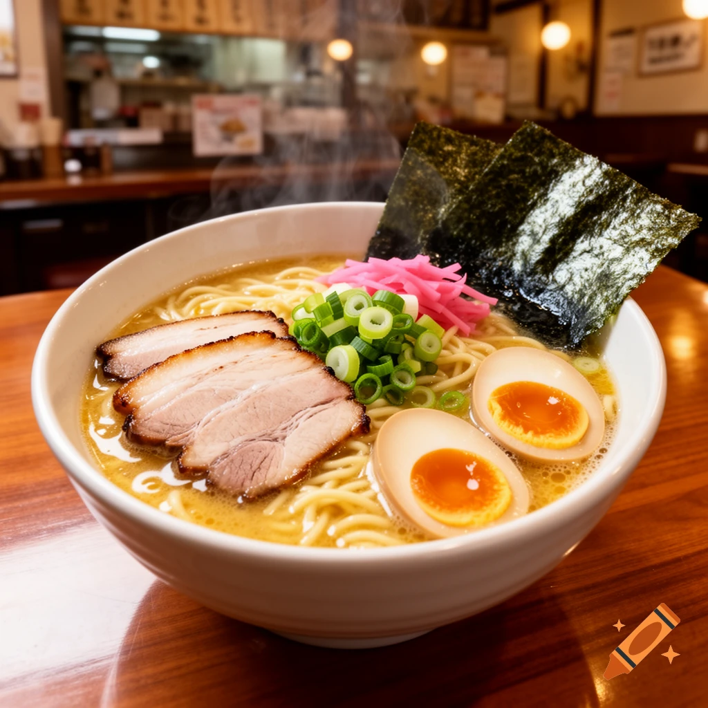 A steaming bowl of ramen with pork, soft-boiled eggs, green onions, pickled ginger, and nori in a restaurant.