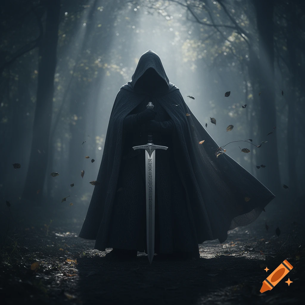 A mysterious hooded figure in a dark cloak stands in a misty forest, holding a sword upright. Sunlight beams through the trees.