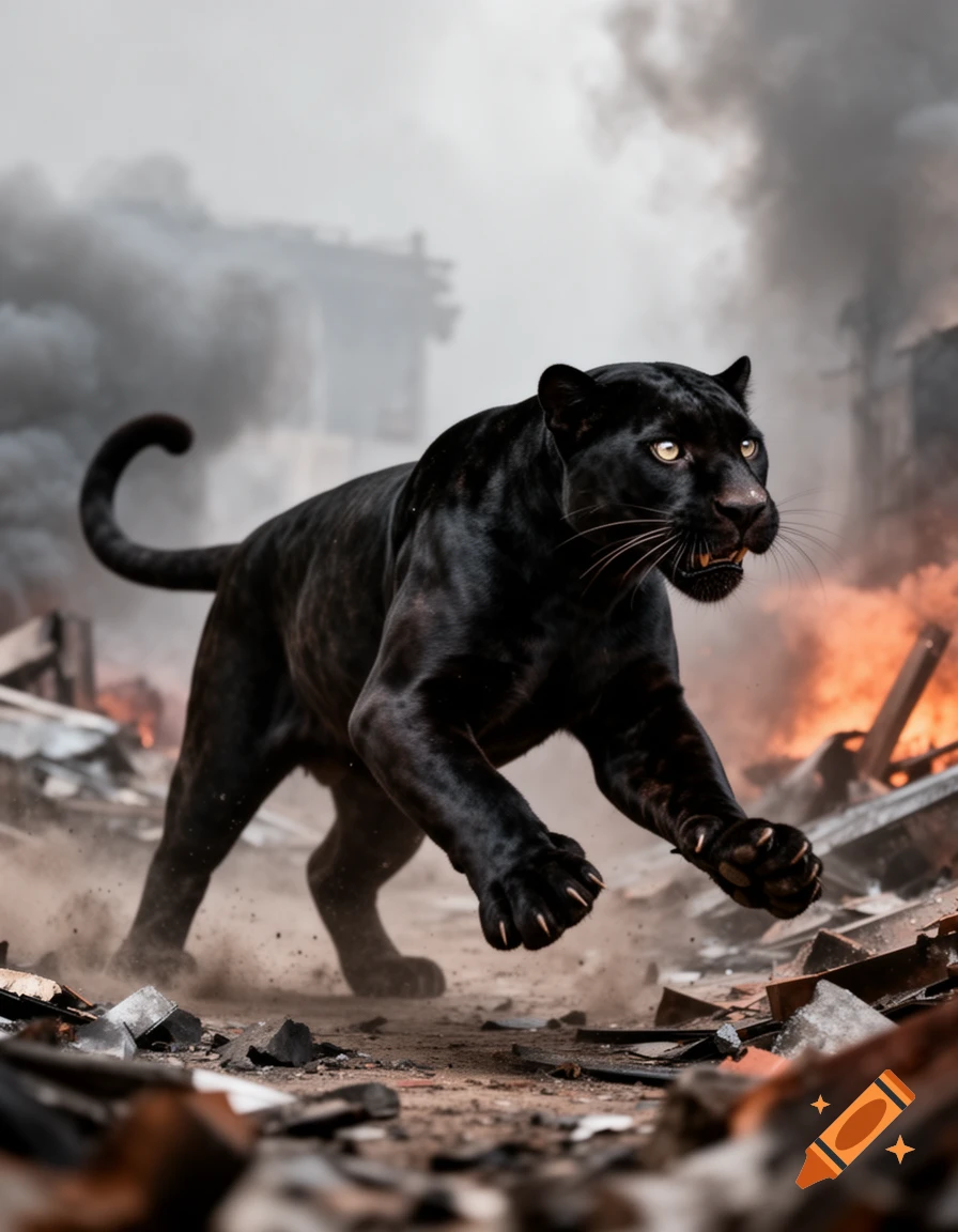 A black panther runs through a smoke-filled, war-torn cityscape with fires burning, in a dynamic photorealistic style.