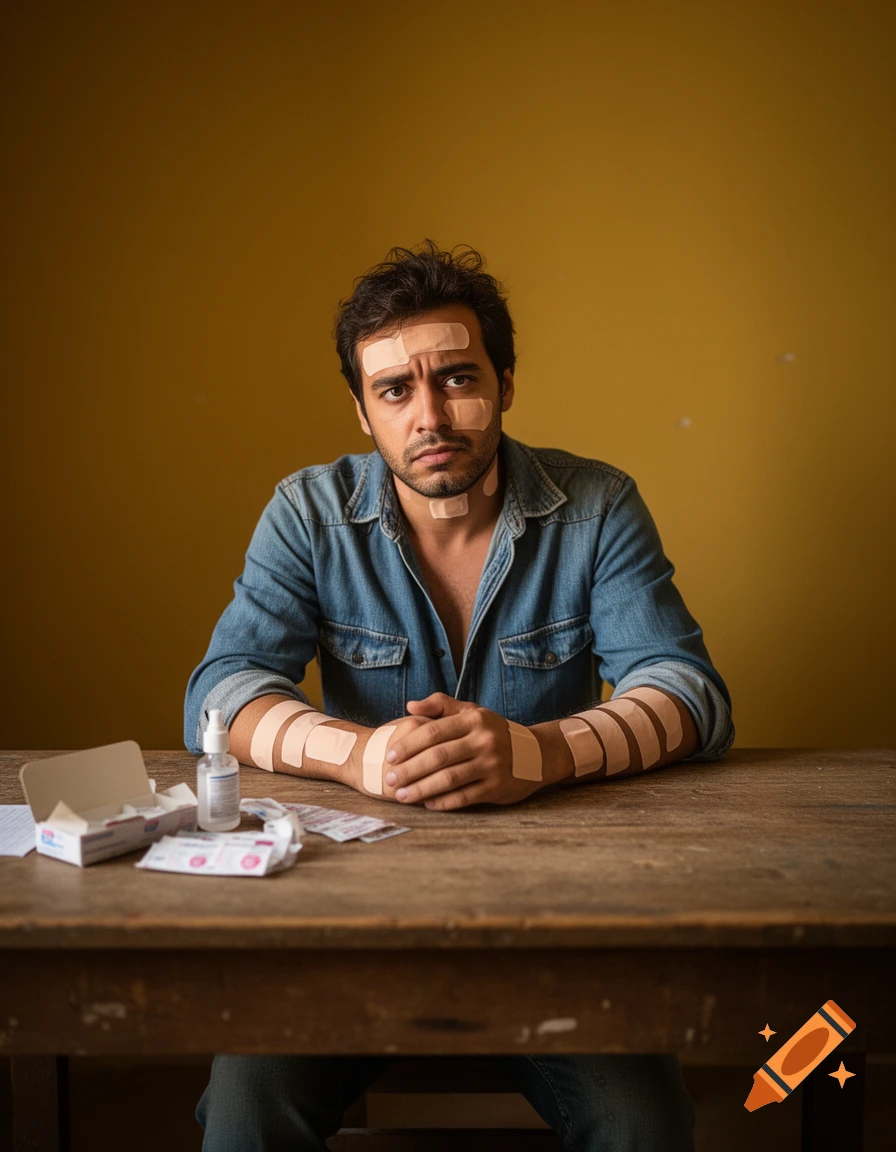 A man with band-aids on his face, neck, and arms sits at a wooden table with medical supplies, looking dejected.