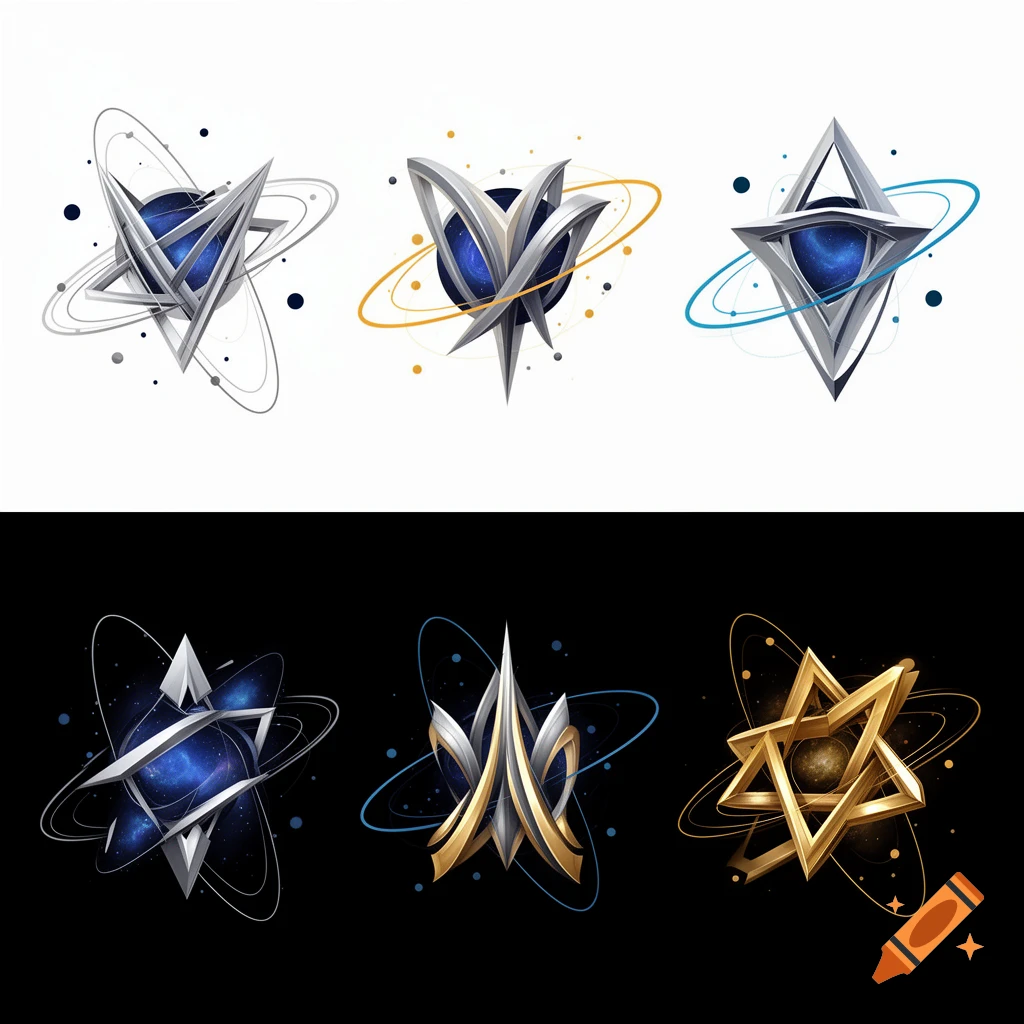 Six abstract, futuristic symbols with metallic frameworks, cosmic cores, and orbiting rings, presented on both white and black backgrounds.