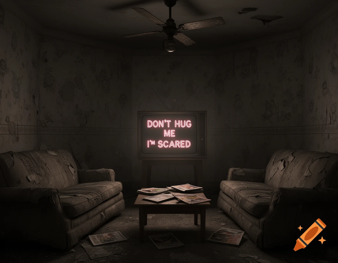 A dark, dilapidated room with two worn couches, a coffee table, and a neon sign on a TV screen reading 'DON'T HUG ME I'M SCARED'.