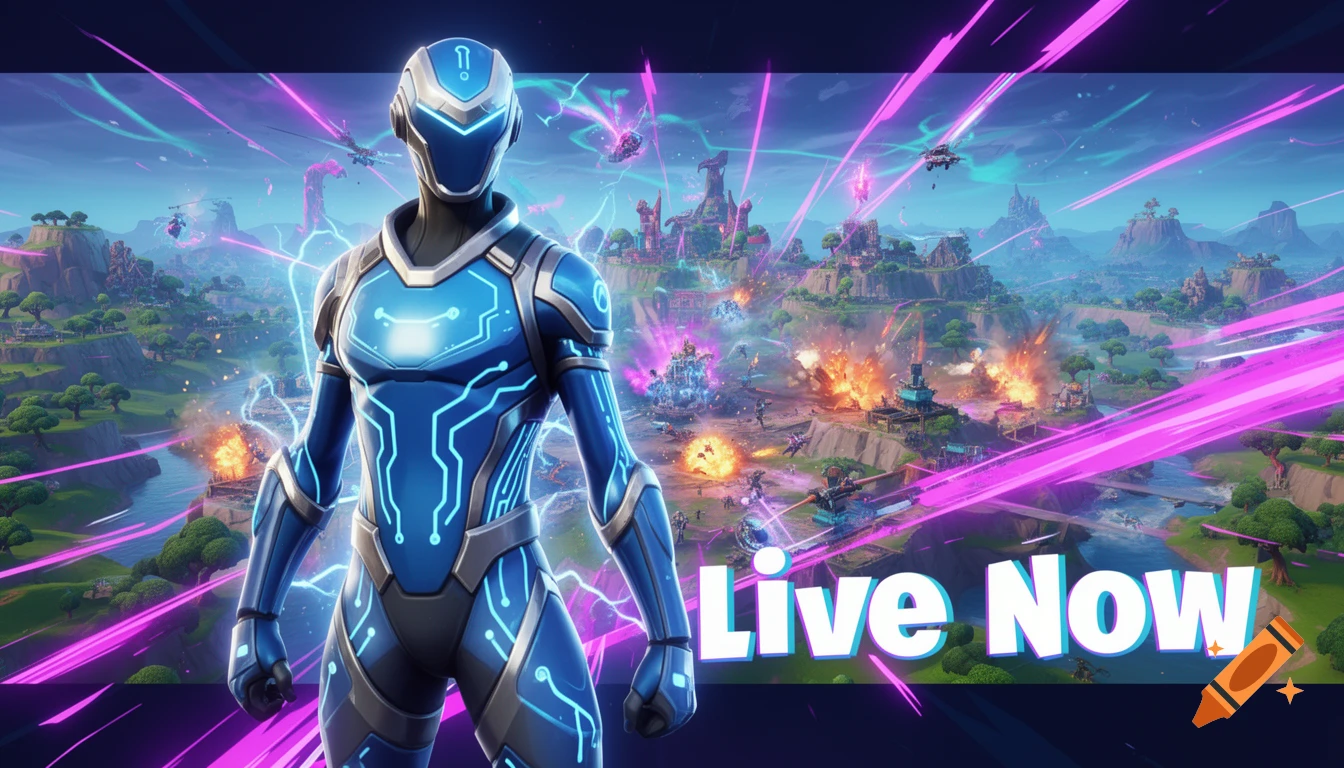 Futuristic blue armored character stands over an explosive battle royale landscape with purple light streaks and 'Live Now' text.