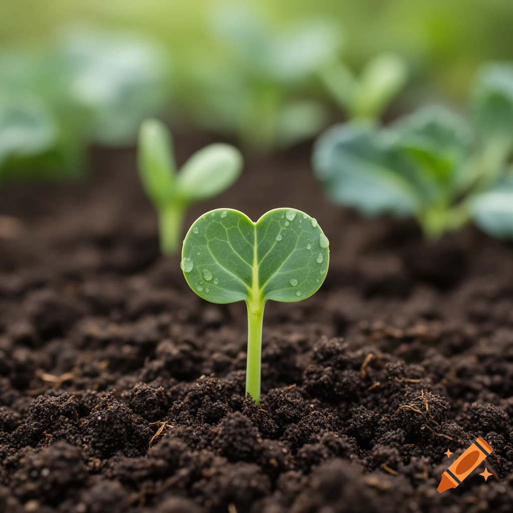 Close-up of a young green sprout with heart-shaped leaves and water droplets emerging from dark soil, other plants blurred in the background.