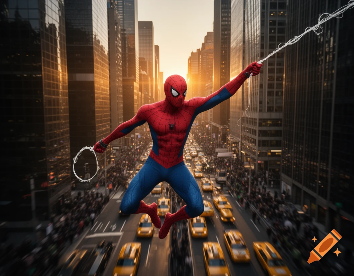 Photorealistic image of Spider-Man swinging through a bustling city street filled with yellow taxis at sunset, with tall skyscrapers in the background.