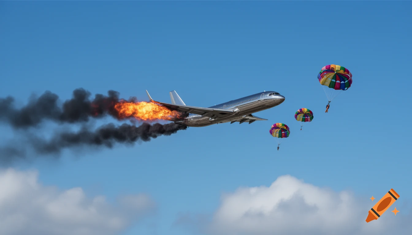 A photorealistic image of a silver airplane with an engine on fire, trailing black smoke, as three people parachute with colorful parachutes under a clear blue sky.