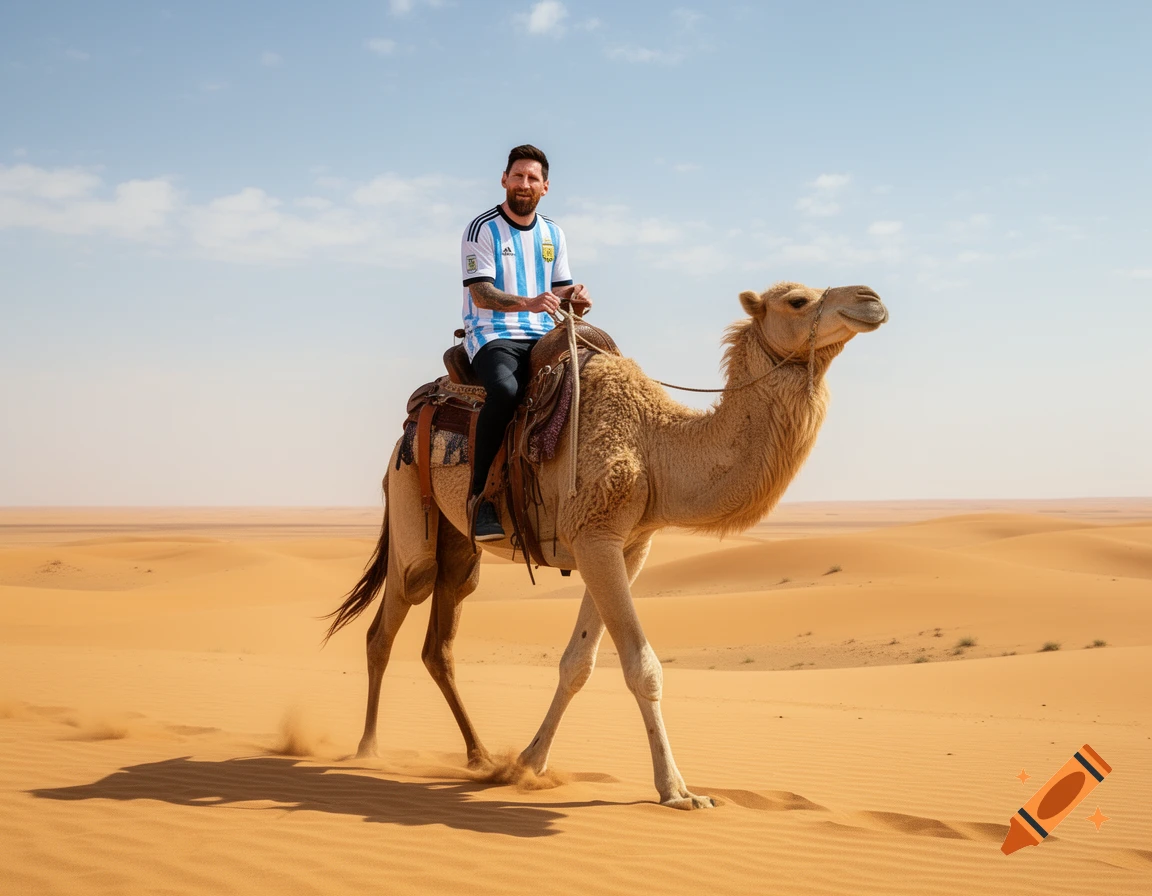 Lionel Messi in an Argentina football shirt rides a camel across a sunny desert with sand dunes.
