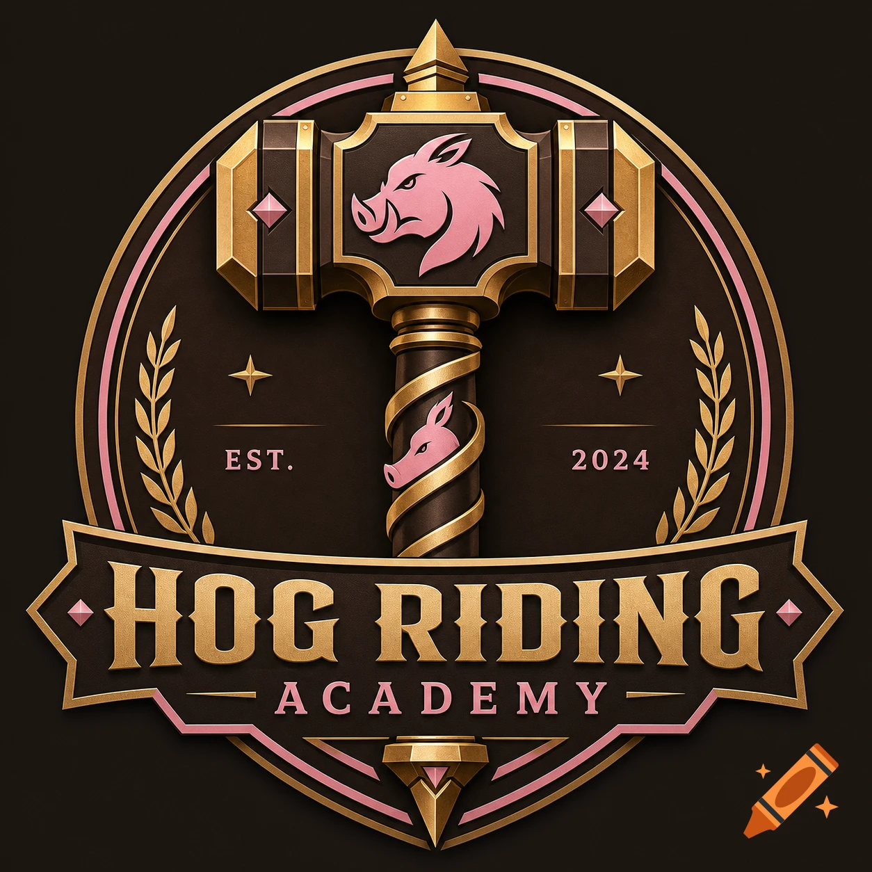 A brown, pink, and gold logo with a war hammer, two pig heads, and the text 'HOG RIDING ACADEMY EST. 2024'.
