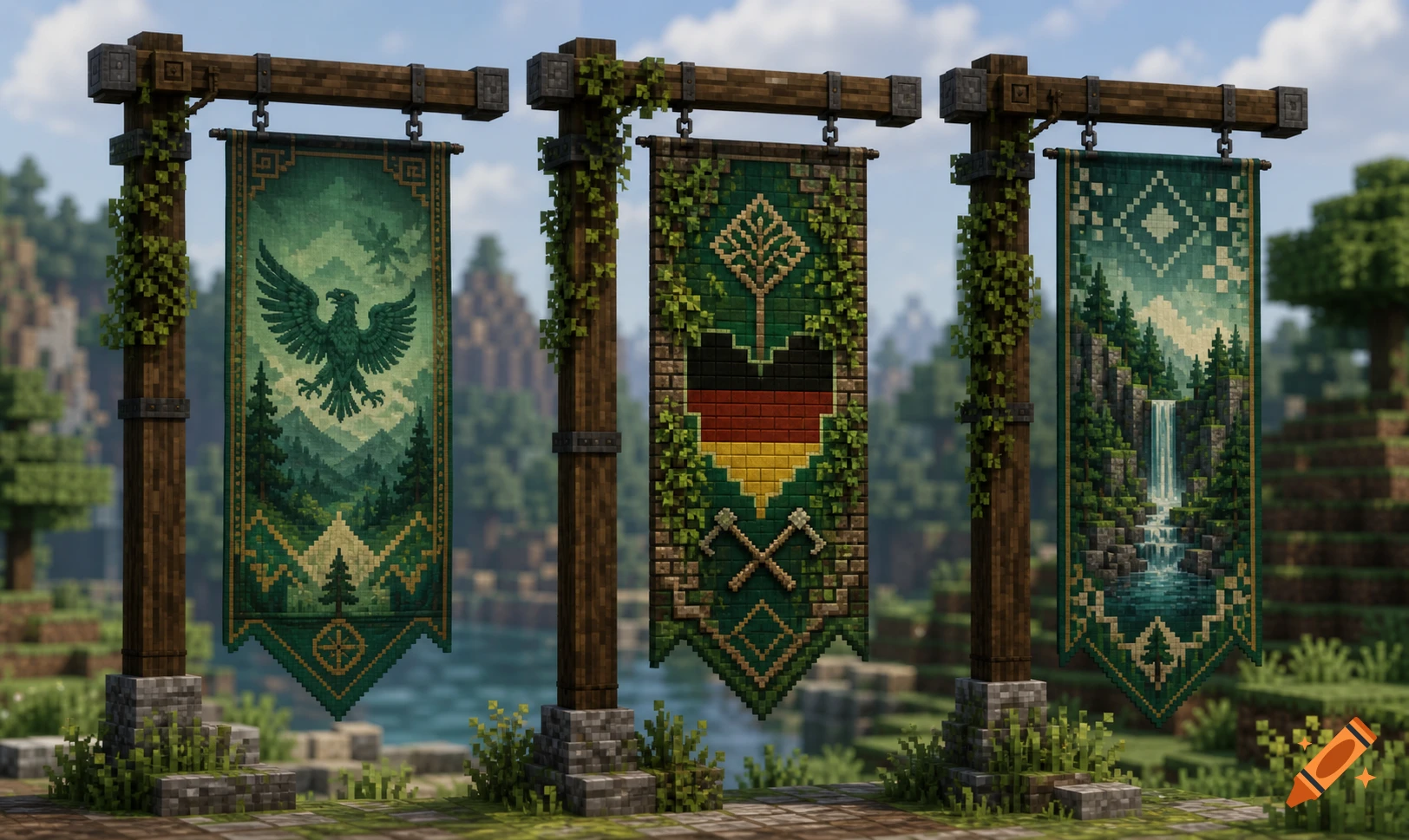 Three Minecraft-style banners on wooden posts, featuring an eagle, a German-flag-inspired design, and a waterfall in pixel art.