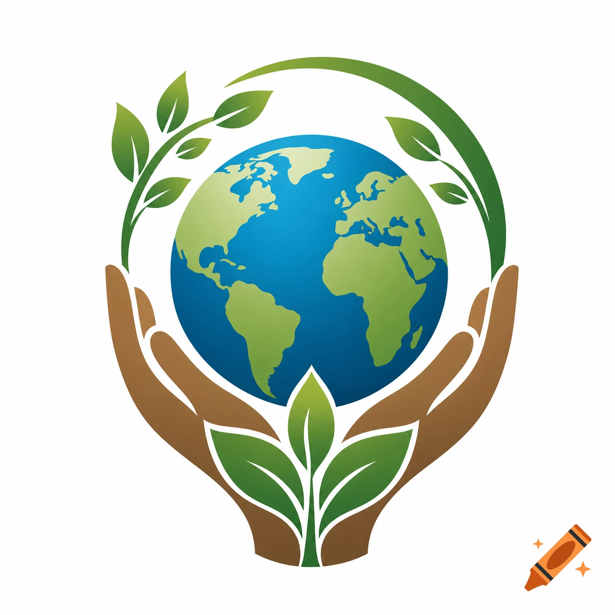 A stylized logo featuring two brown hands cupping a blue and green Earth, with green leaves and vines growing around it against a white background.