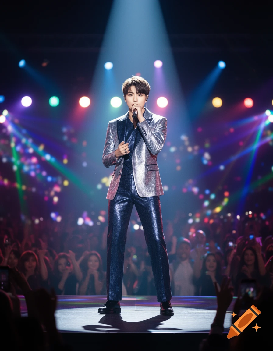 A male Kpop idol in a sparkling silver jacket and blue pants sings into a microphone on a brightly lit stage in front of a cheering crowd.
