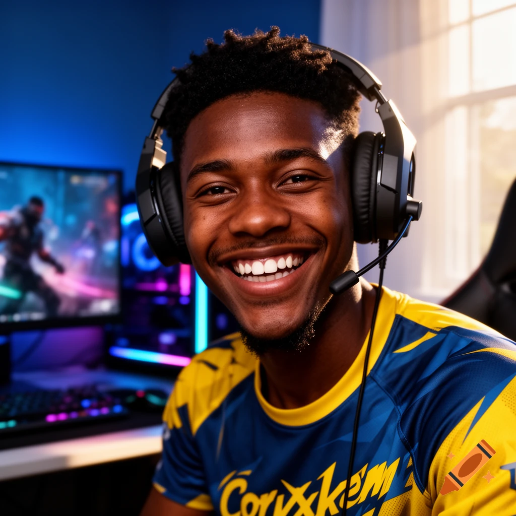 A smiling young Black man wearing a gaming headset and a blue and yellow jersey in a vibrant gaming setup.