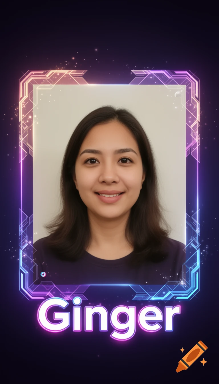 Smiling young woman in a glowing purple and blue neon tech frame with 'Ginger' below on a dark background.