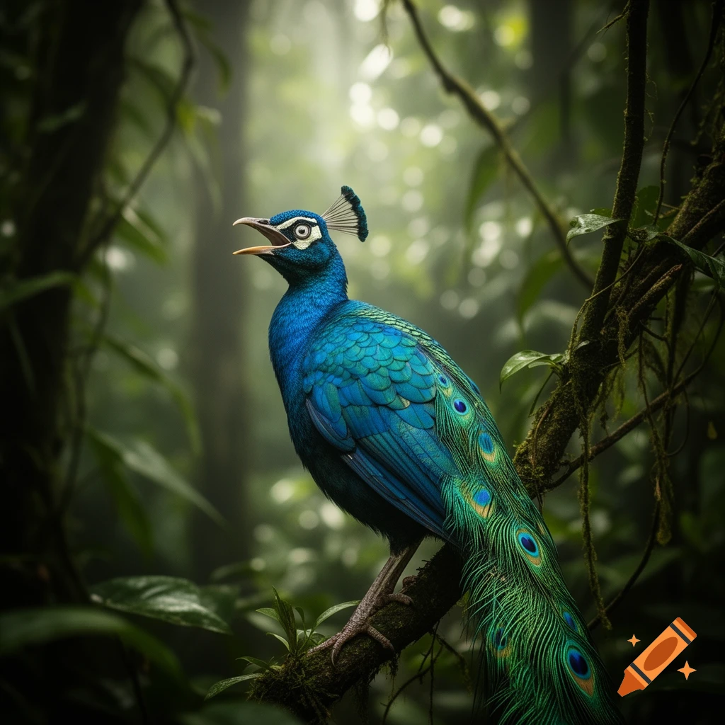 A vibrant blue and green peacock with its beak open, perched on a mossy branch in a misty, lush jungle.