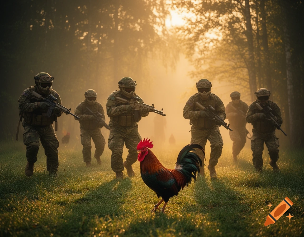 Soldiers in camouflage with rifles walk through a misty, sunlit forest, a colorful rooster stands in the foreground.