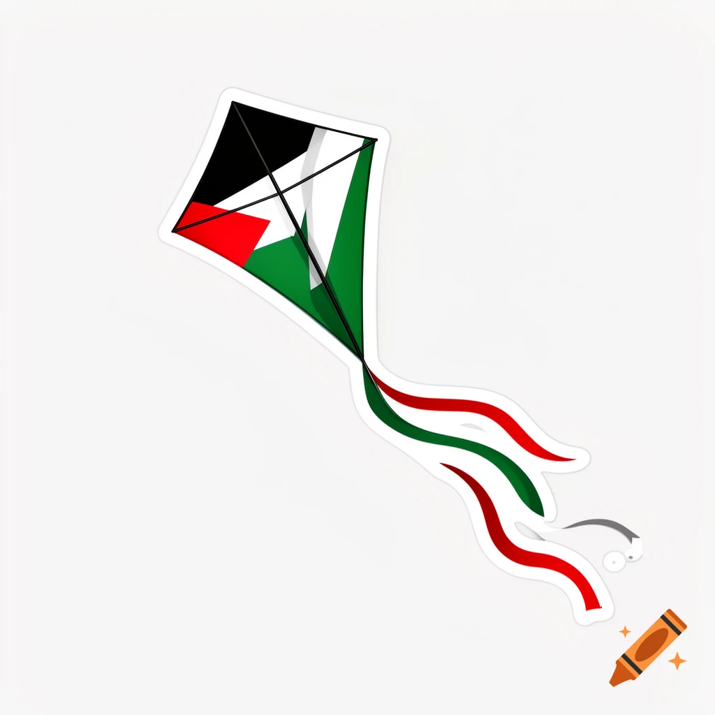 A vector sticker of a kite in the colors of the Palestinian flag (black, white, green, red) with a flowing ribbon tail, on a white background.