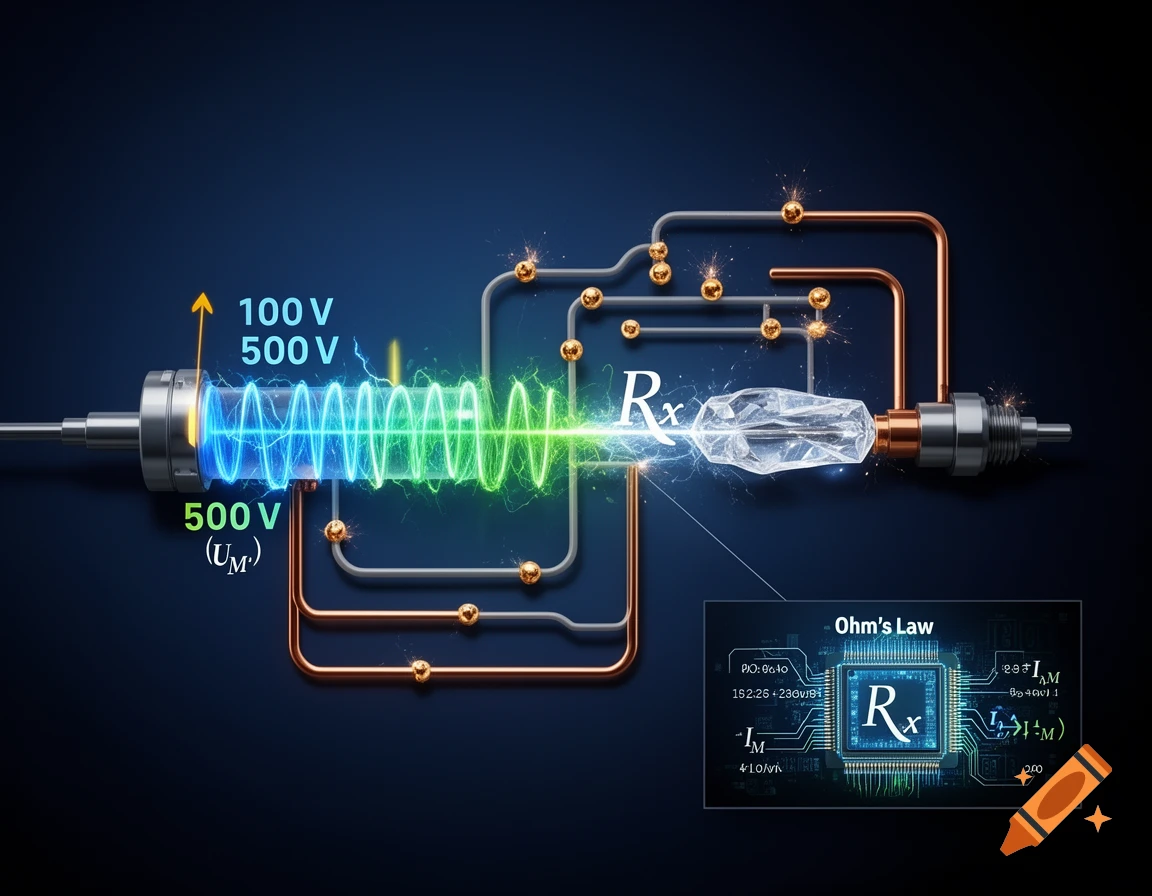 A vibrant scientific diagram illustrating a teraohmmeter circuit with glowing blue and green energy waves, voltage readings, and 'Ohm's Law' on a microchip.