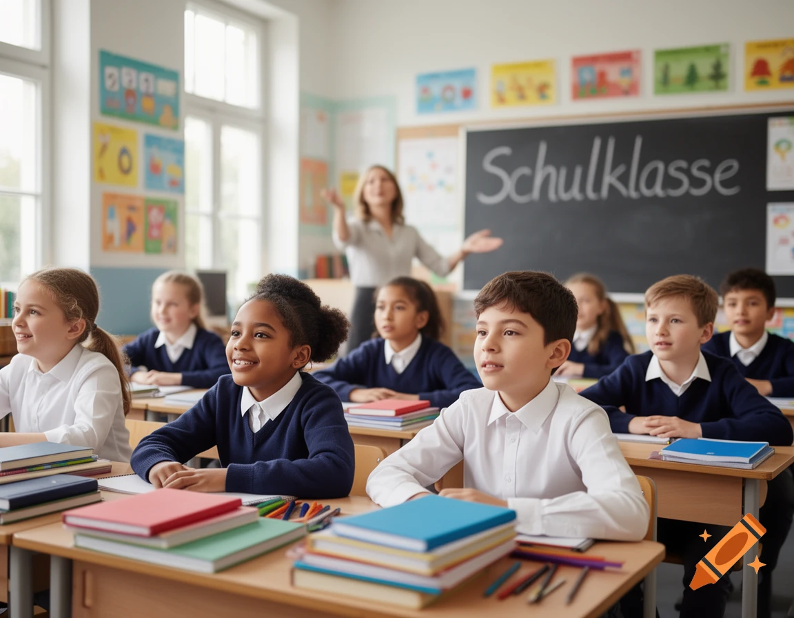 Diverse students in school uniforms sit at desks, looking at a teacher by a blackboard that says 'Schulklasse' in a bright classroom.