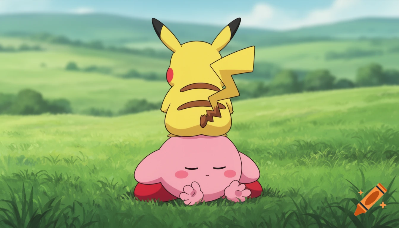 Pikachu sits facing away on the back of a pink, sad-looking Kirby, who lies on green grass in a field, in Studio Ghibli style.