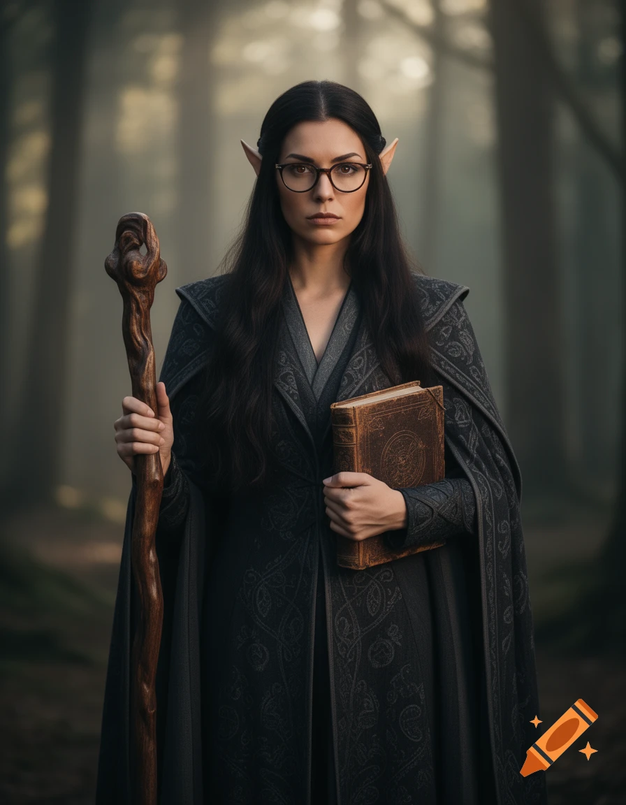 A photorealistic portrait of a stern elf woman with long dark hair and glasses, holding a wooden staff and an old grimoire in a misty forest.
