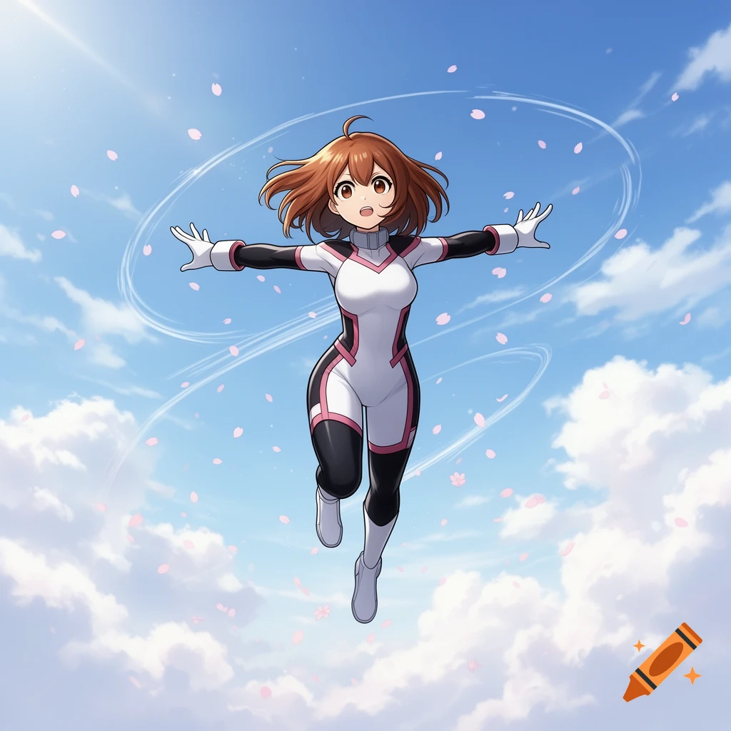 Anime girl with brown hair in a white and black superhero suit floating in a blue sky with clouds and pink cherry blossoms.