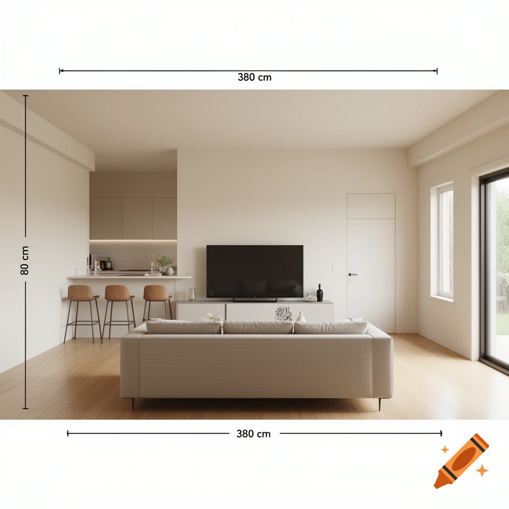 A modern open-plan living room and kitchen with a light-colored sofa facing a TV, and a kitchen counter with bar stools. Dimensions 380 cm and 80 cm are shown.
