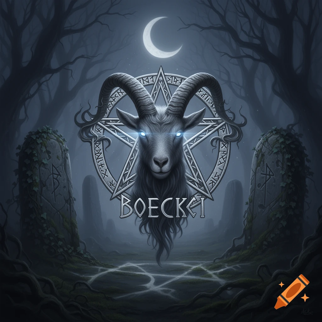 Stylized goat head with glowing eyes in a pentagram, over the text 'BOECKI', set in a dark forest with gravestones and a crescent moon.