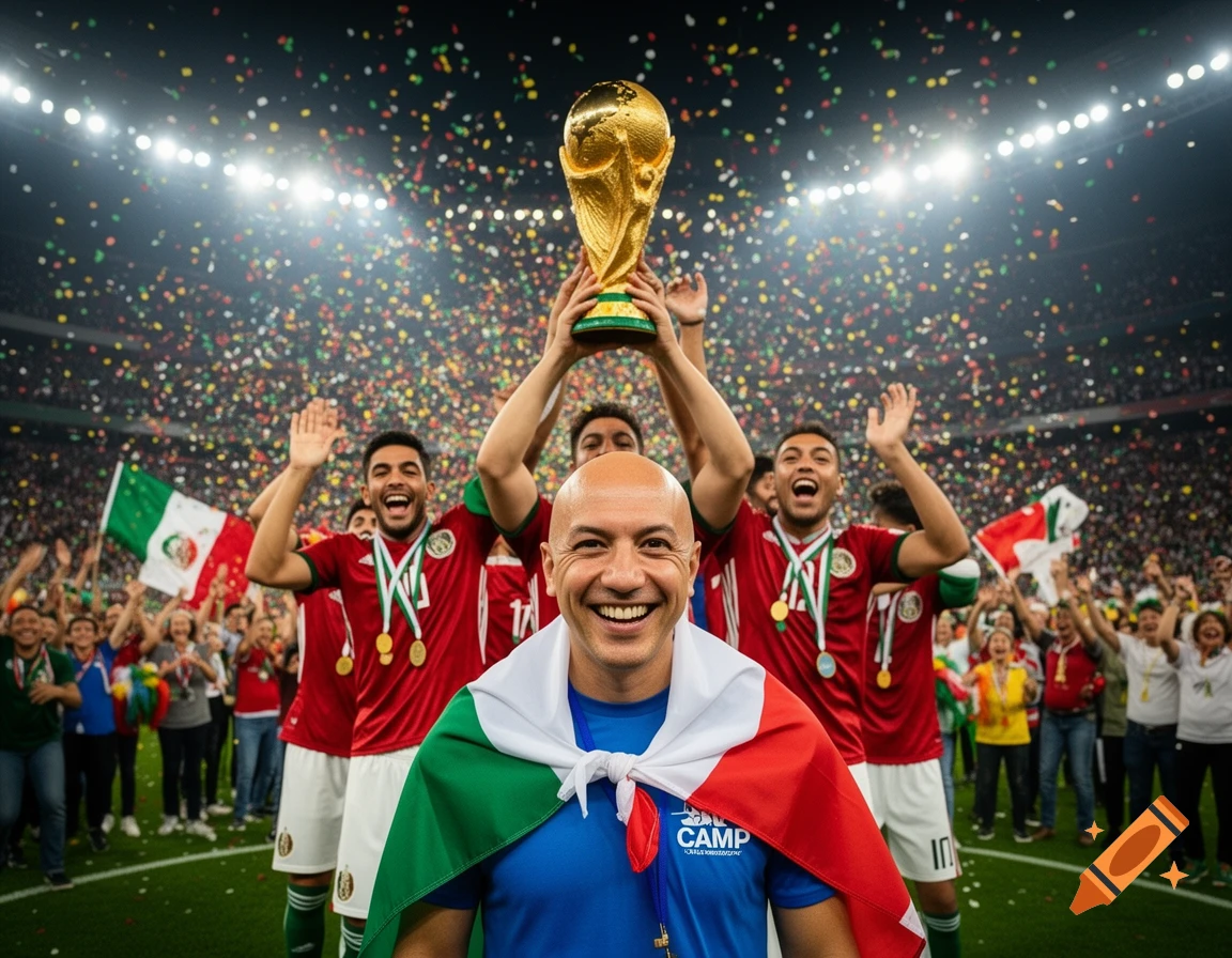 A bald man smiling, wrapped in a Mexican flag, stands in front of ecstatic soccer players holding a golden trophy aloft in a confetti-filled stadium.