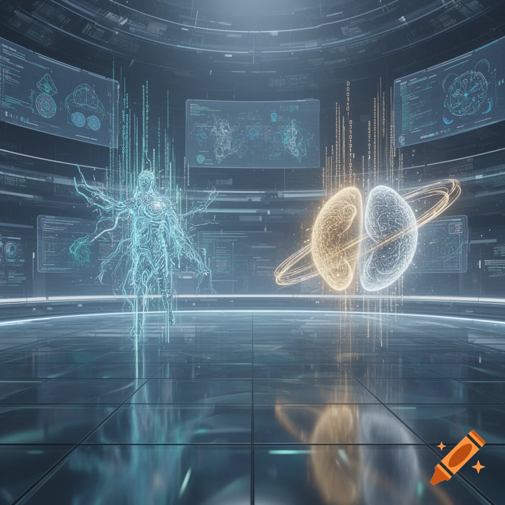 A glowing digital human figure and two glowing brain hemispheres, one golden, one white, surrounded by rings in a futuristic data room.